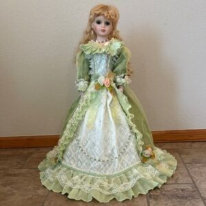 24” Vintage Porcelain Umbrella Doll in Light Green Gown